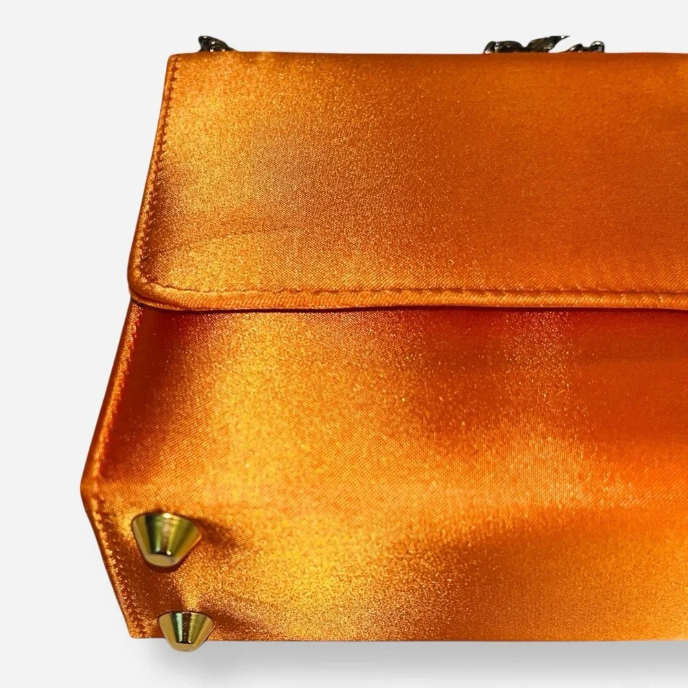 Vintage Satin Clutch Evening Bag Silk Orange Gold Chain‎ Crossbody Clutch